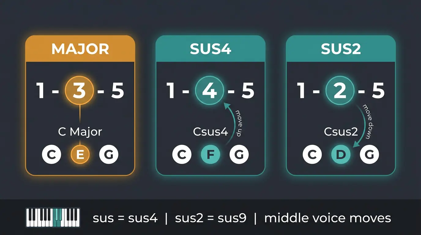 Infographic comparing major, sus4, and sus2 chord formulas using C major with highlighted middle notes.