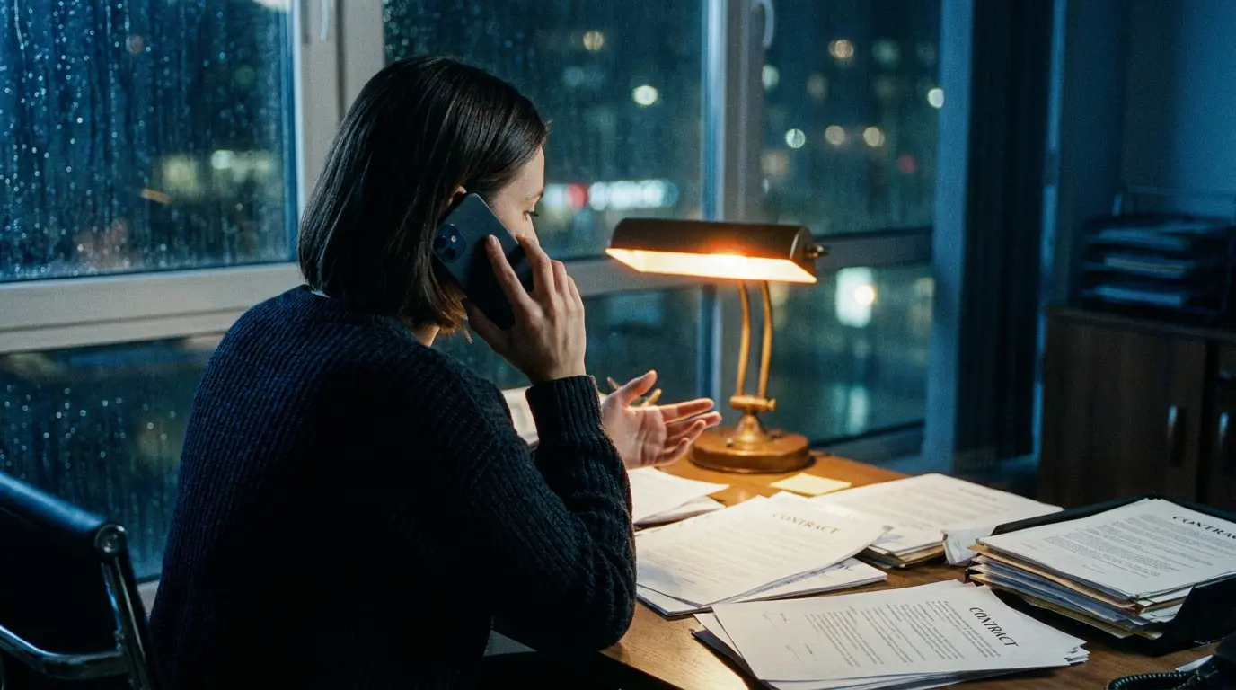 A woman on the phone at a cluttered desk at night, lit by a warm lamp against cool blue shadows, rainy window behind.