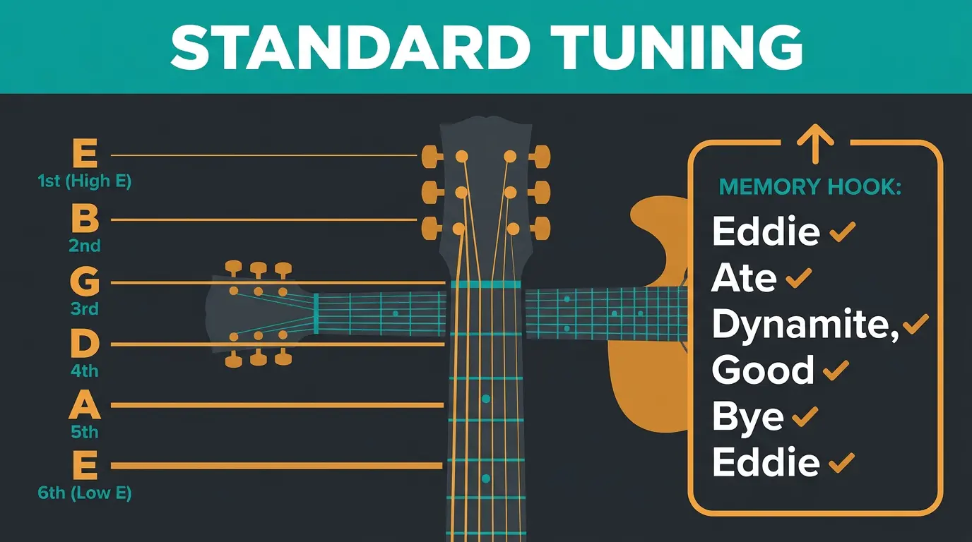 Guitar neck diagram labeling standard tuning strings E A D G B E from thick 6th to thin 1st, with a memory hook.
