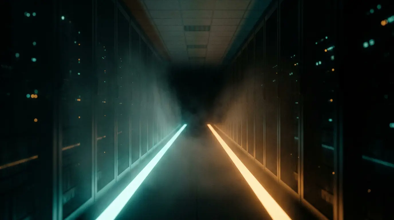Dark server corridor with parallel teal and amber light ribbons traveling side by side through misty haze.