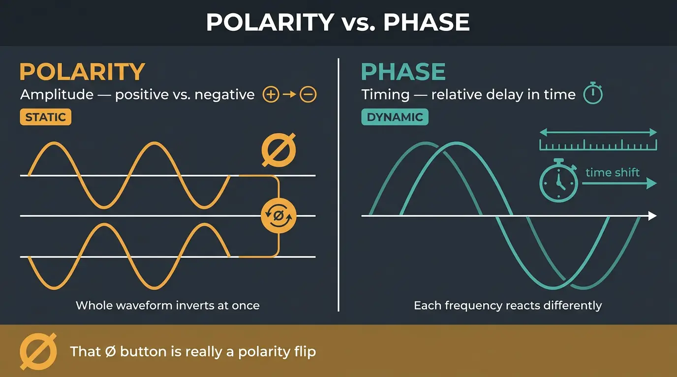 Two-panel infographic comparing polarity (inverted waveform, static) versus phase (time-shifted waveforms, dynamic).