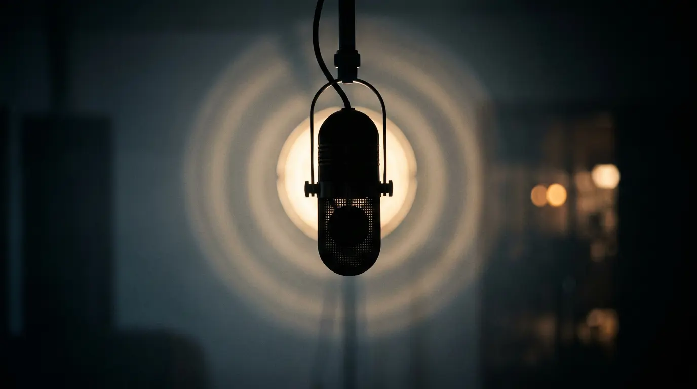 A vintage ribbon mic suspended in a dark studio, backlit by warm amber light with rippling haze around it.