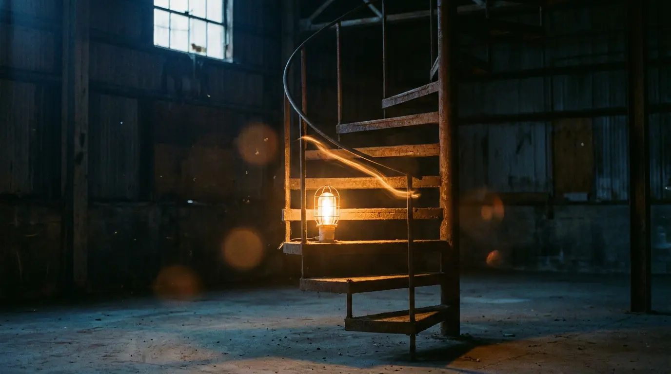 A dim warehouse staircase spiraling into darkness, lit by one warm glowing bulb halfway up, with a light trail climbing towar