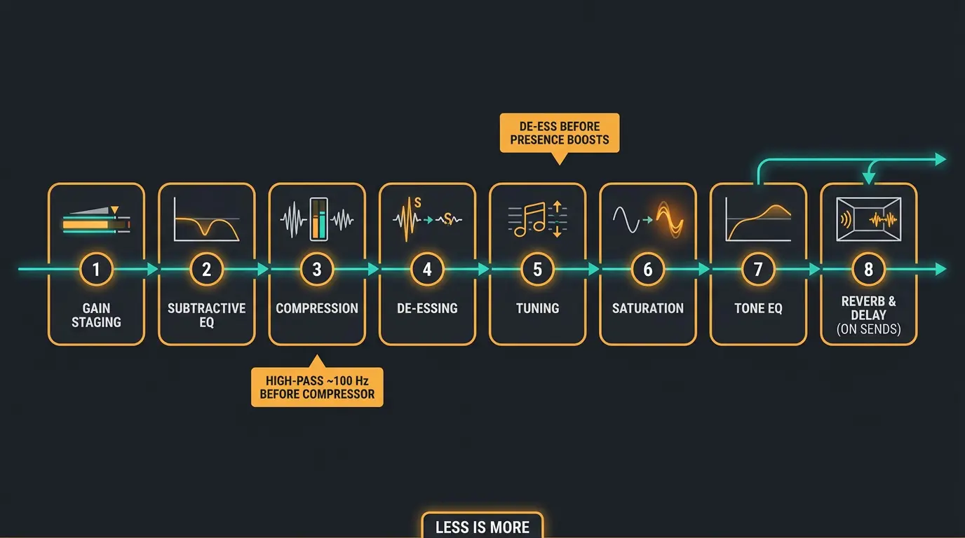 Vocal processing chain infographic: gain staging, EQ, compression, de-essing, tuning, saturation, tone EQ, reverb on sends.