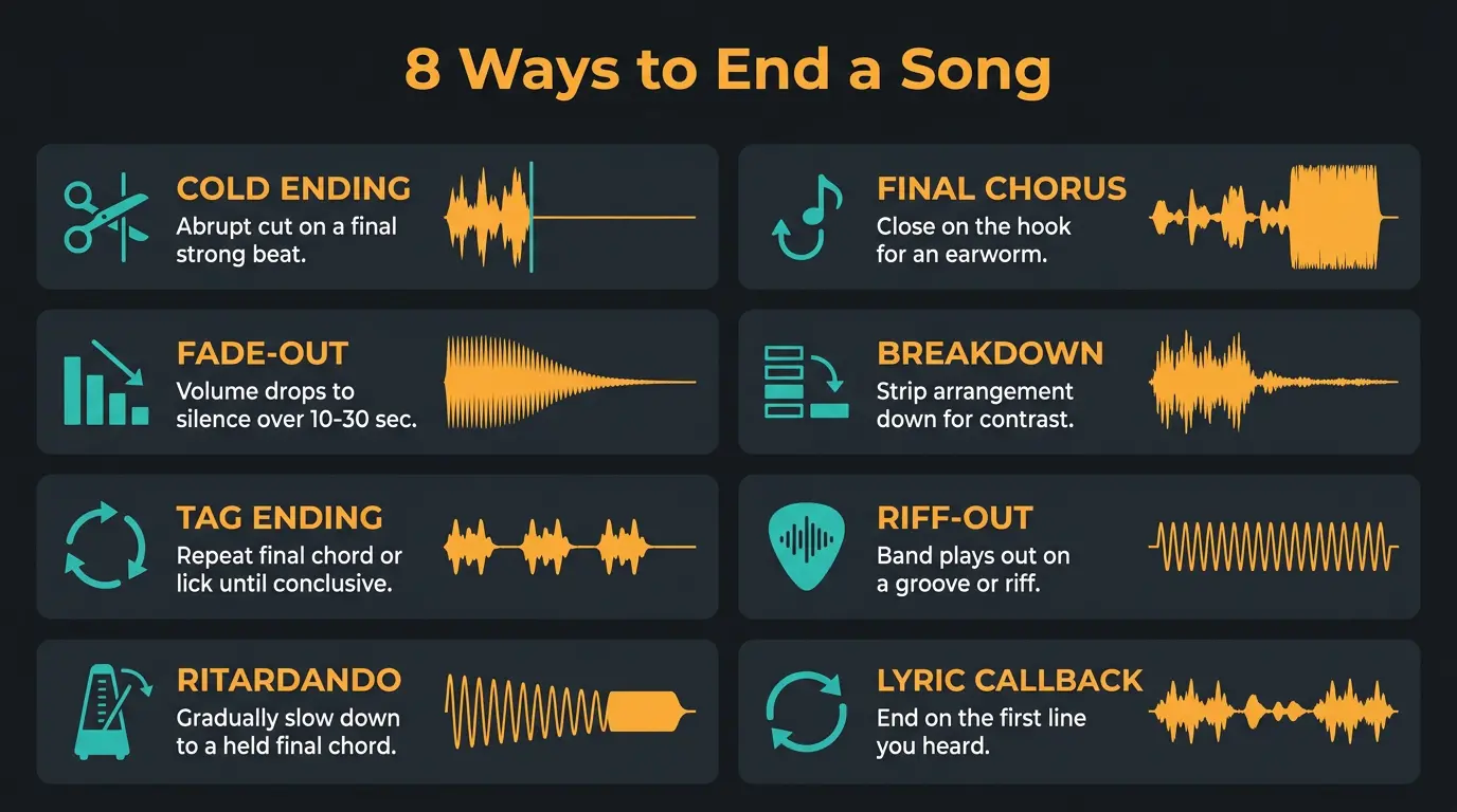 Infographic grid of 8 song ending types with icons, waveforms, and short descriptions in amber and teal on dark.