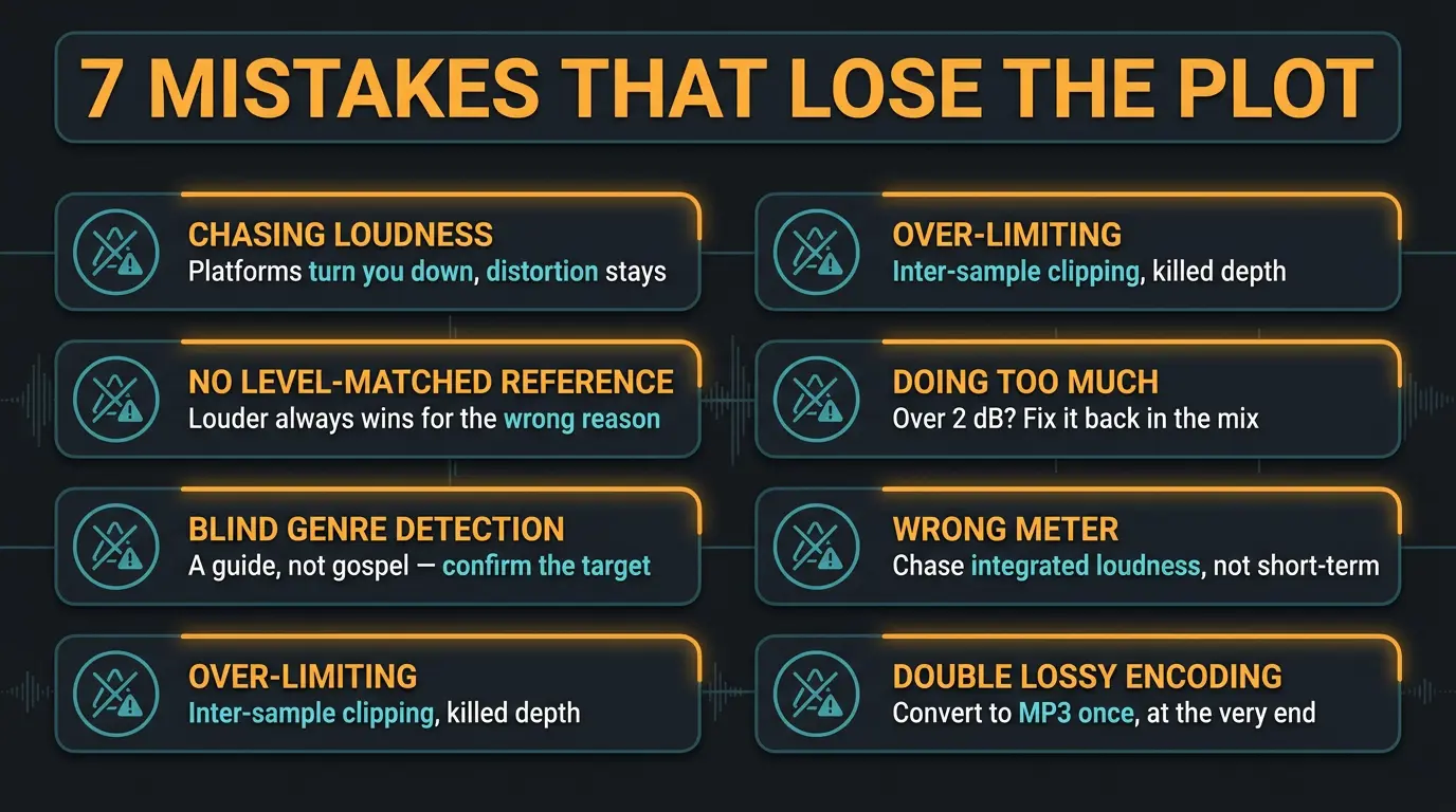 Infographic listing 7 AI mastering mistakes: loudness, references, genre, limiting, overprocessing, metering, encoding.