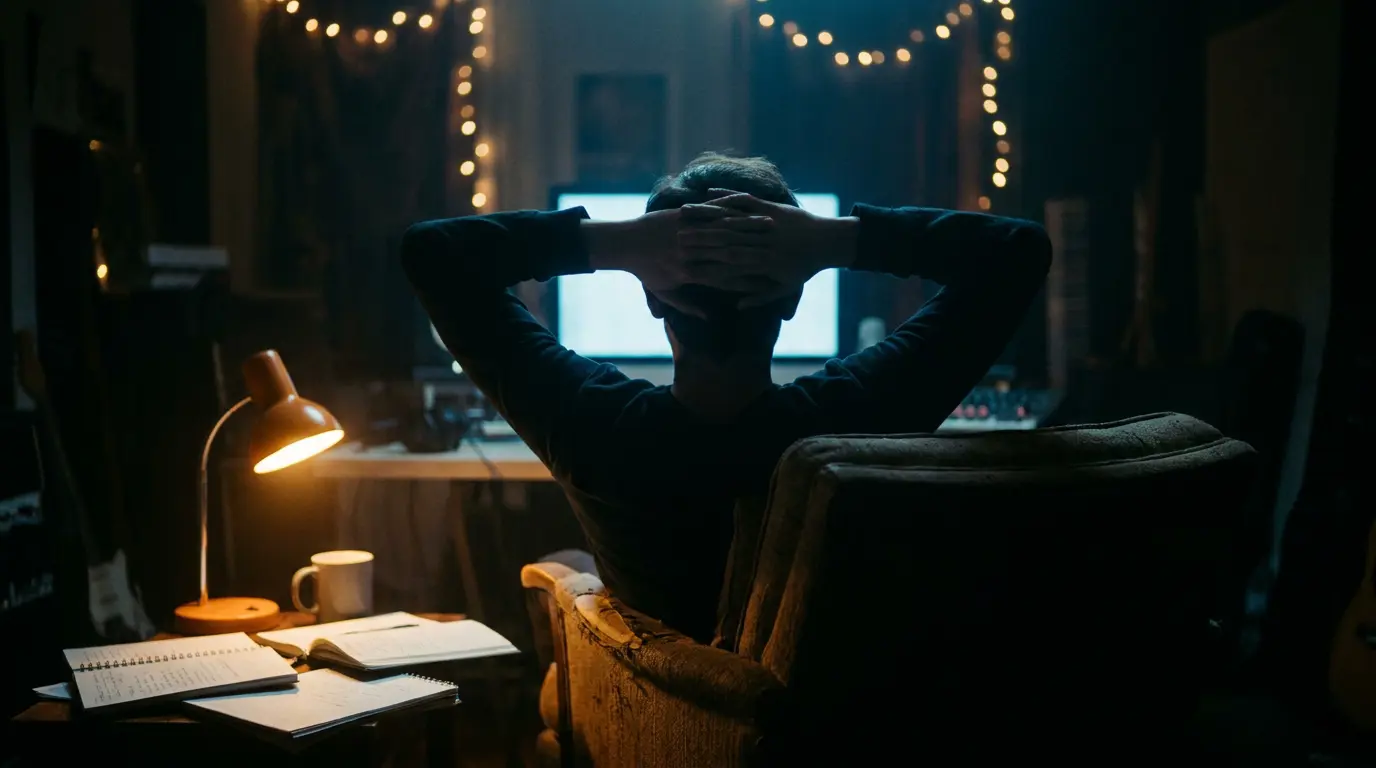 An engineer leans back thoughtfully in a dim studio, silhouetted by a soft monitor glow and warm desk lamp.