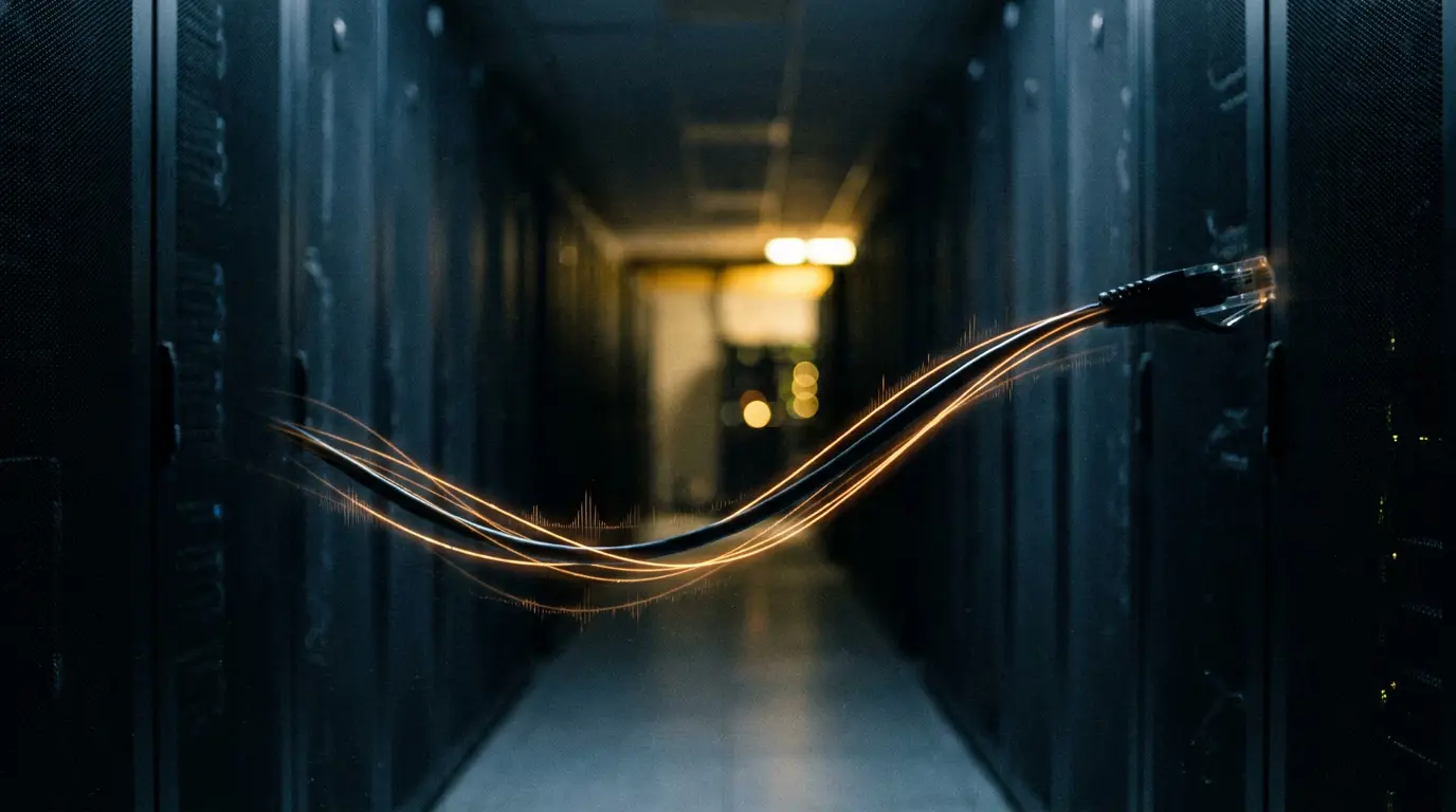 Dark server room aisle with a glowing amber Ethernet cable trailing light through blue shadows