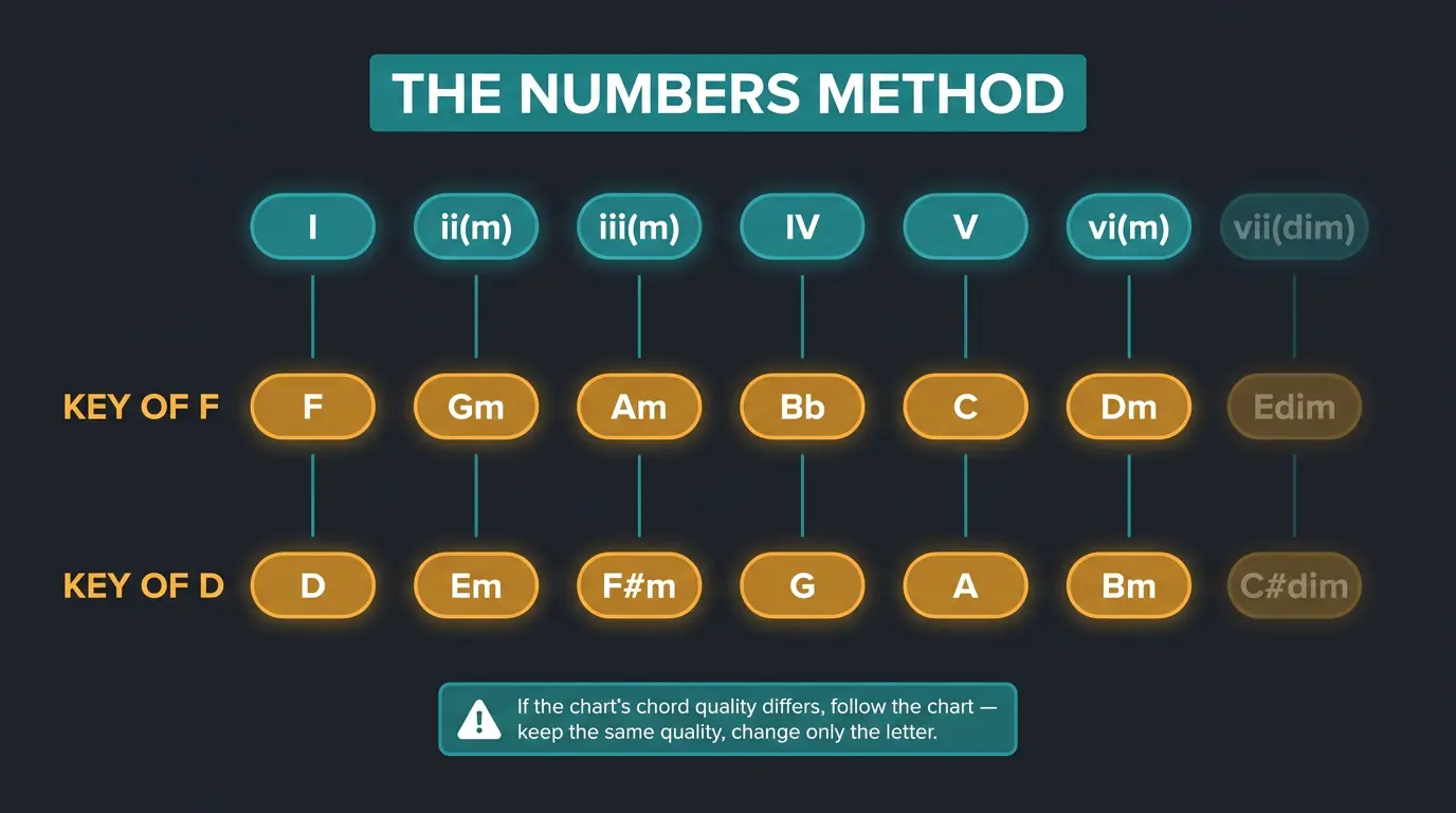 Infographic mapping scale-degree numerals to chords in the keys of F and D with a follow-the-chart note.