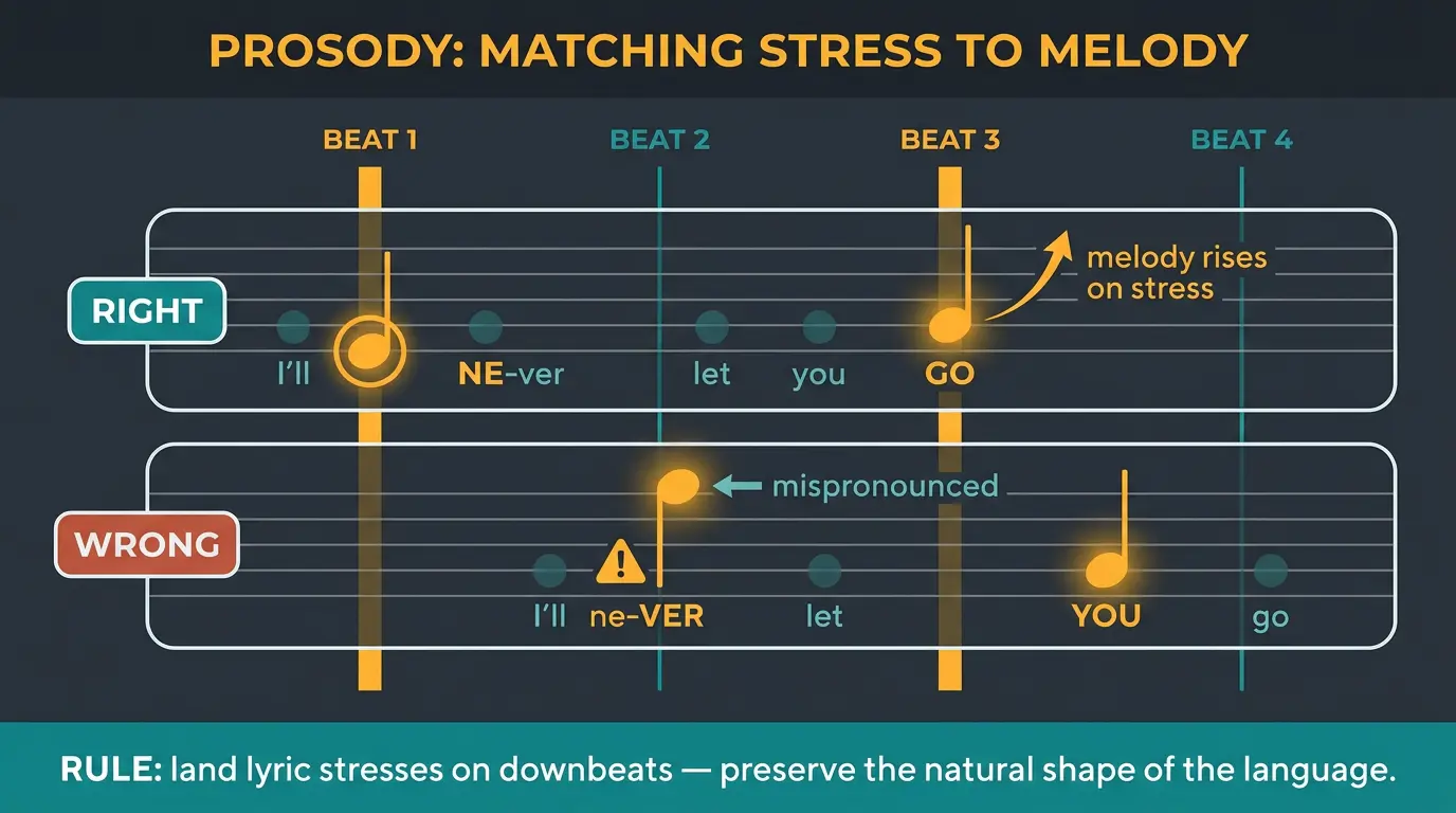 Infographic comparing correct vs incorrect lyric-stress placement on musical downbeats to explain prosody.