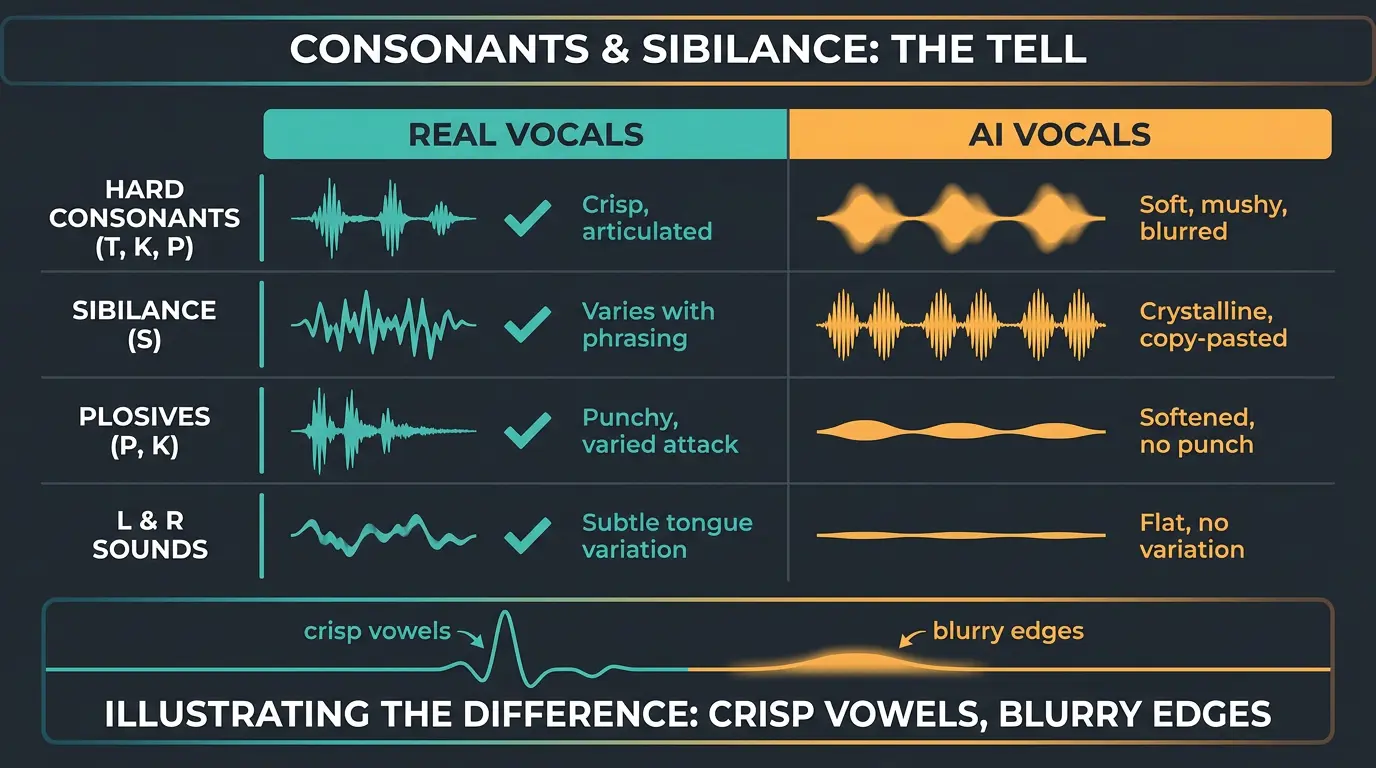 Infographic comparing real vs AI vocals across consonants, sibilance, plosives, and L/R sounds with waveform icons.