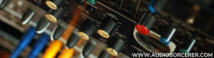 Audio equipment in a rack featuring an audio limiter.