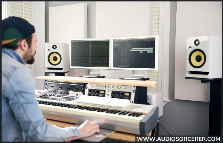 KRK RP5 Rokit 5 G4 studio monitors in white in a recording studio.