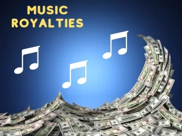 A wave of money with musical notes and text saying "Music Royalties".