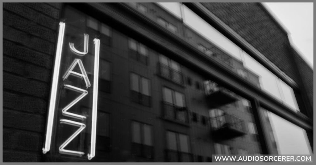 A warehouse with a sign that says Jazz on it representing the Dorian mode in music.