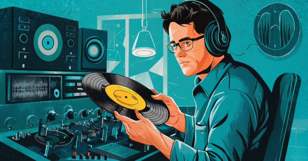 Audio engineer in the studio holding a vinyl record.