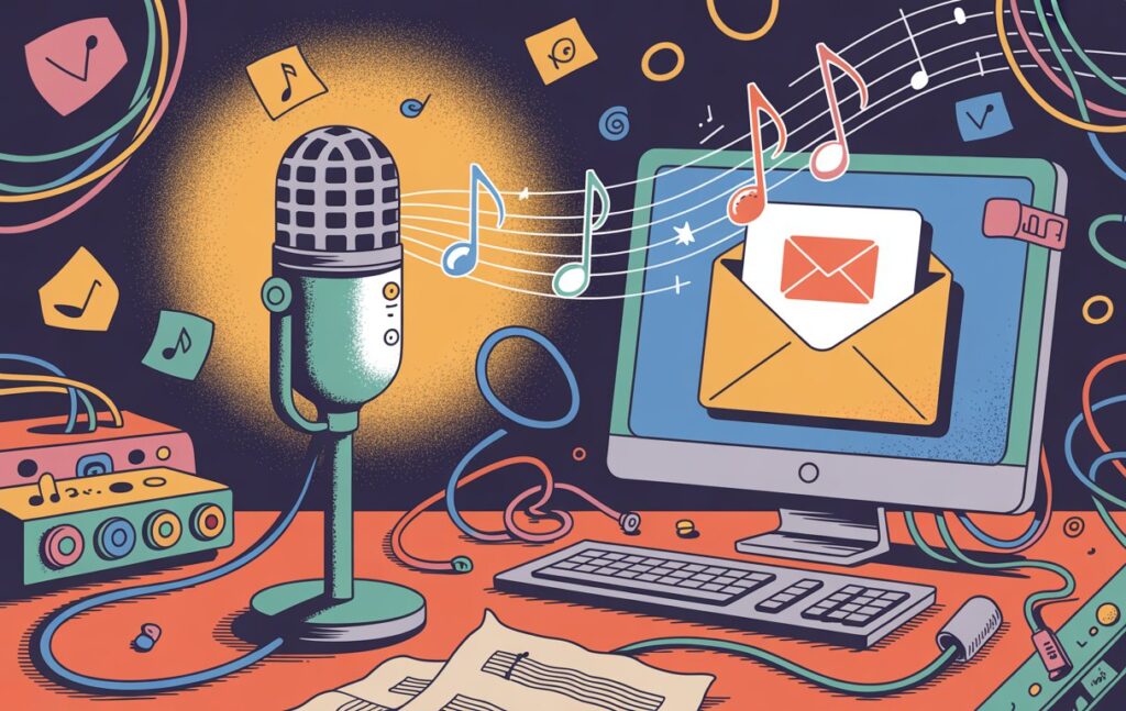 Illustration of a microphone and a computer with email open on a desk.