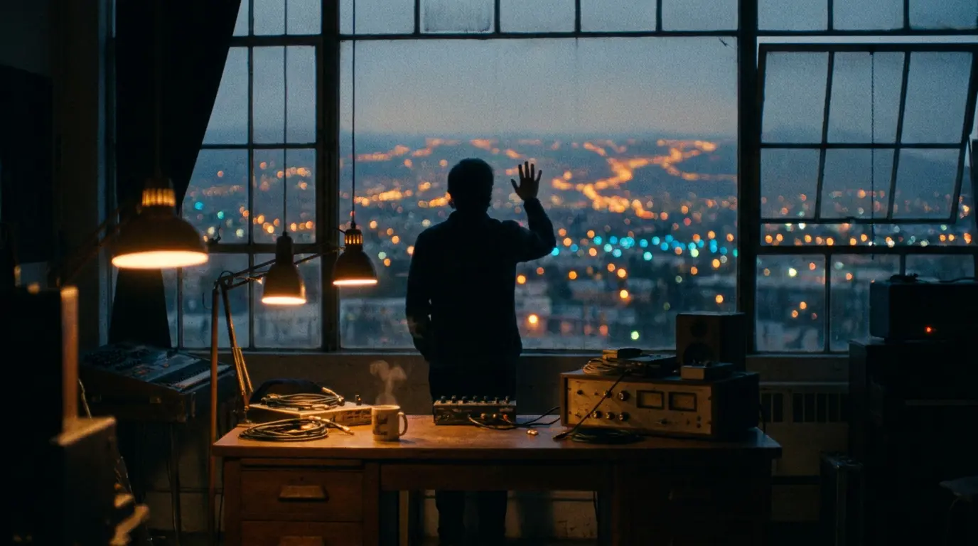 Silhouette of a person at a studio window gazing at distant industrial lights, warm lamps glowing in shadow.
