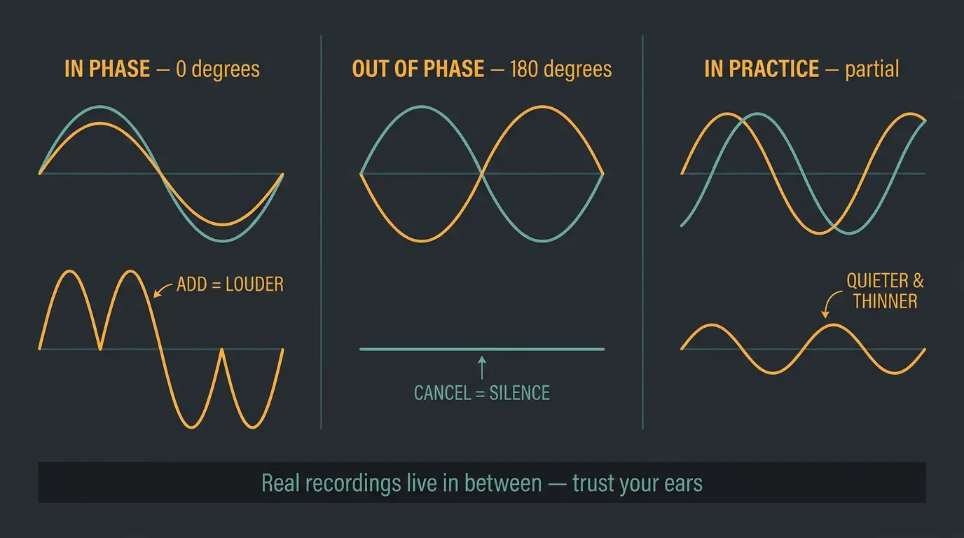 Infographic comparing in-phase waves adding, 180-degree waves canceling to silence, and partial phase making sound thinner.