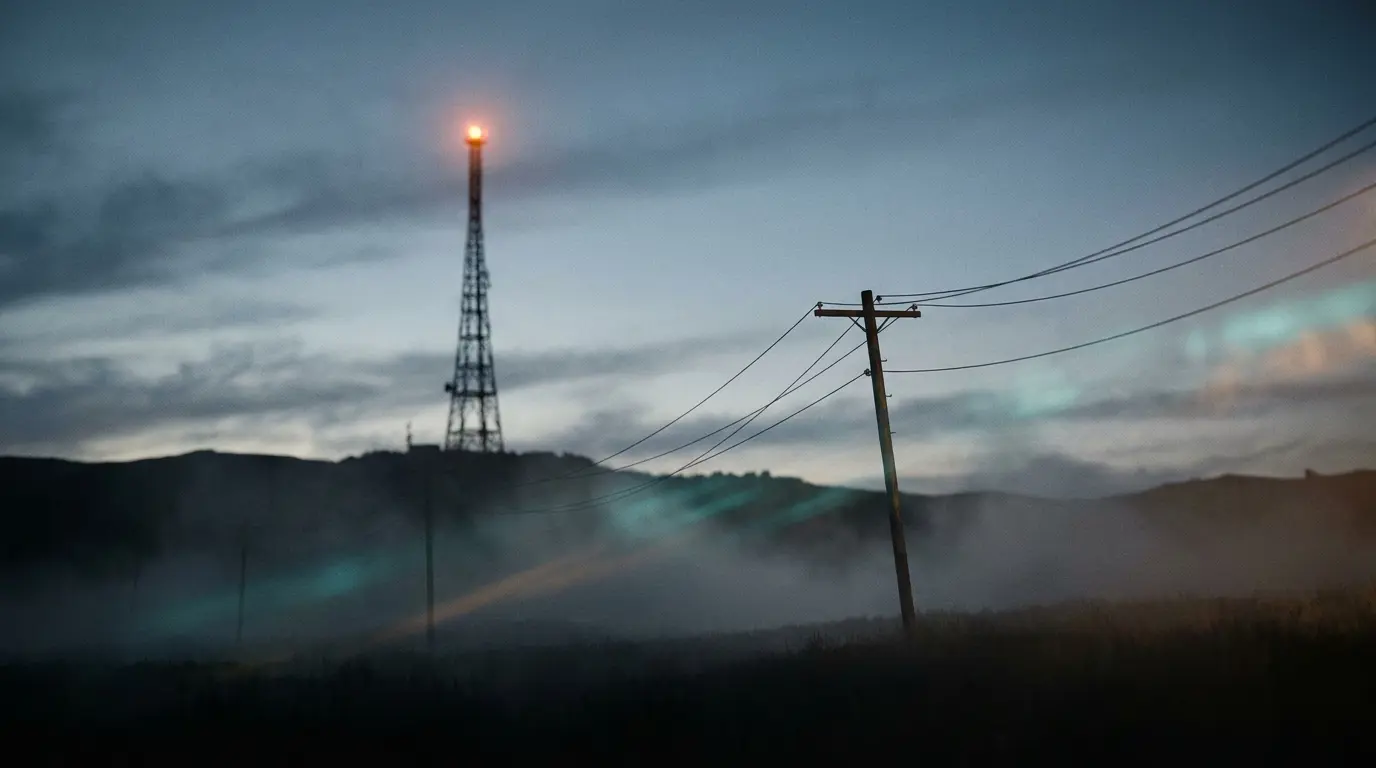 A distant radio tower at dusk with a glowing red light and faint signal trails fading into blue fog.