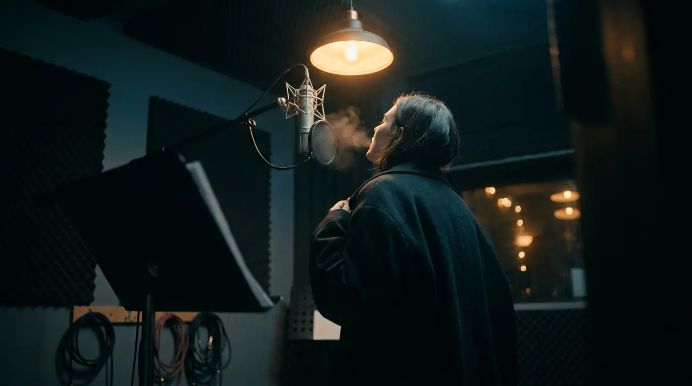 A singer seen from behind at a studio mic, mid-breath, lit by warm lamp glow against cool shadow.