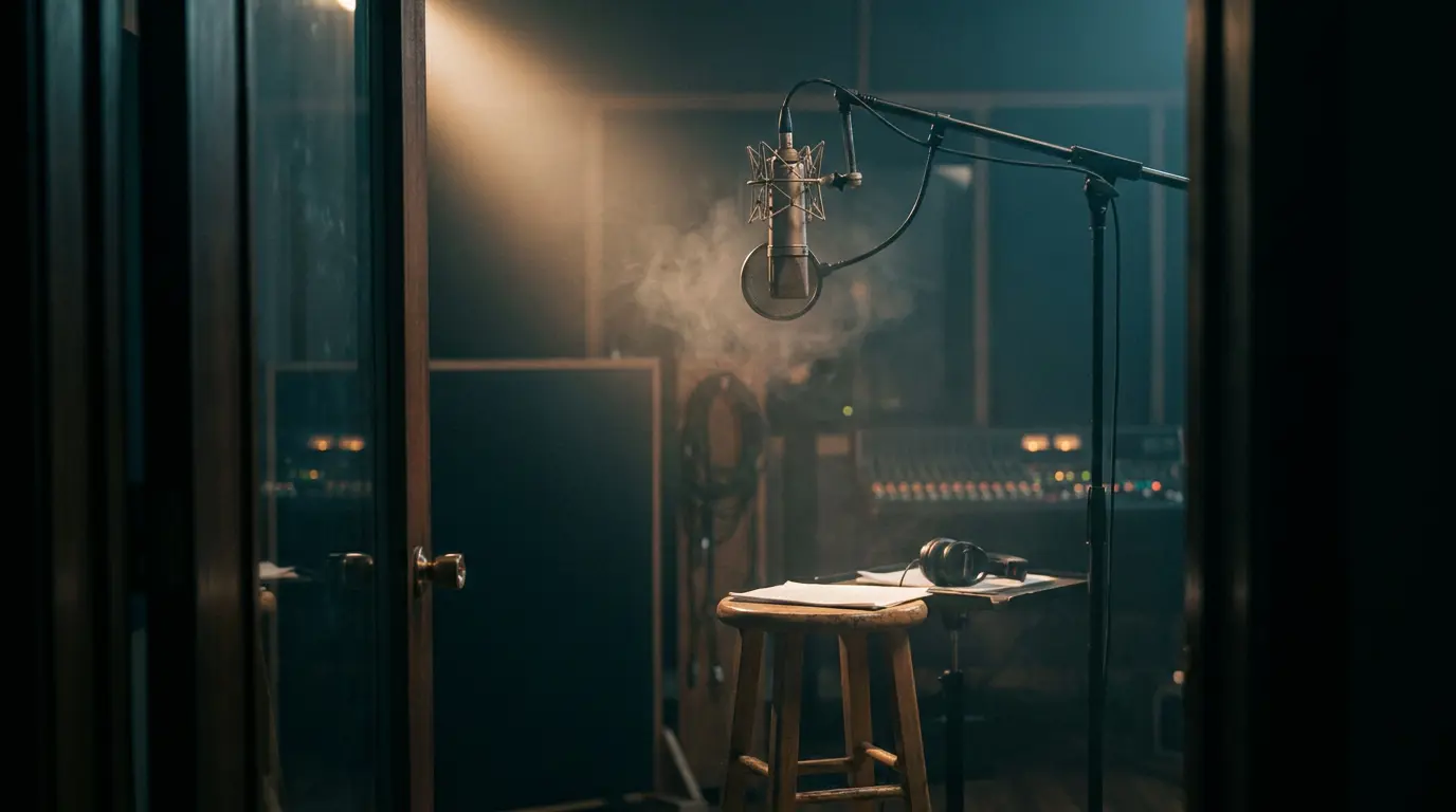 A condenser mic on a boom arm lit by a warm shaft of light in a dim studio, empty stool beneath it.