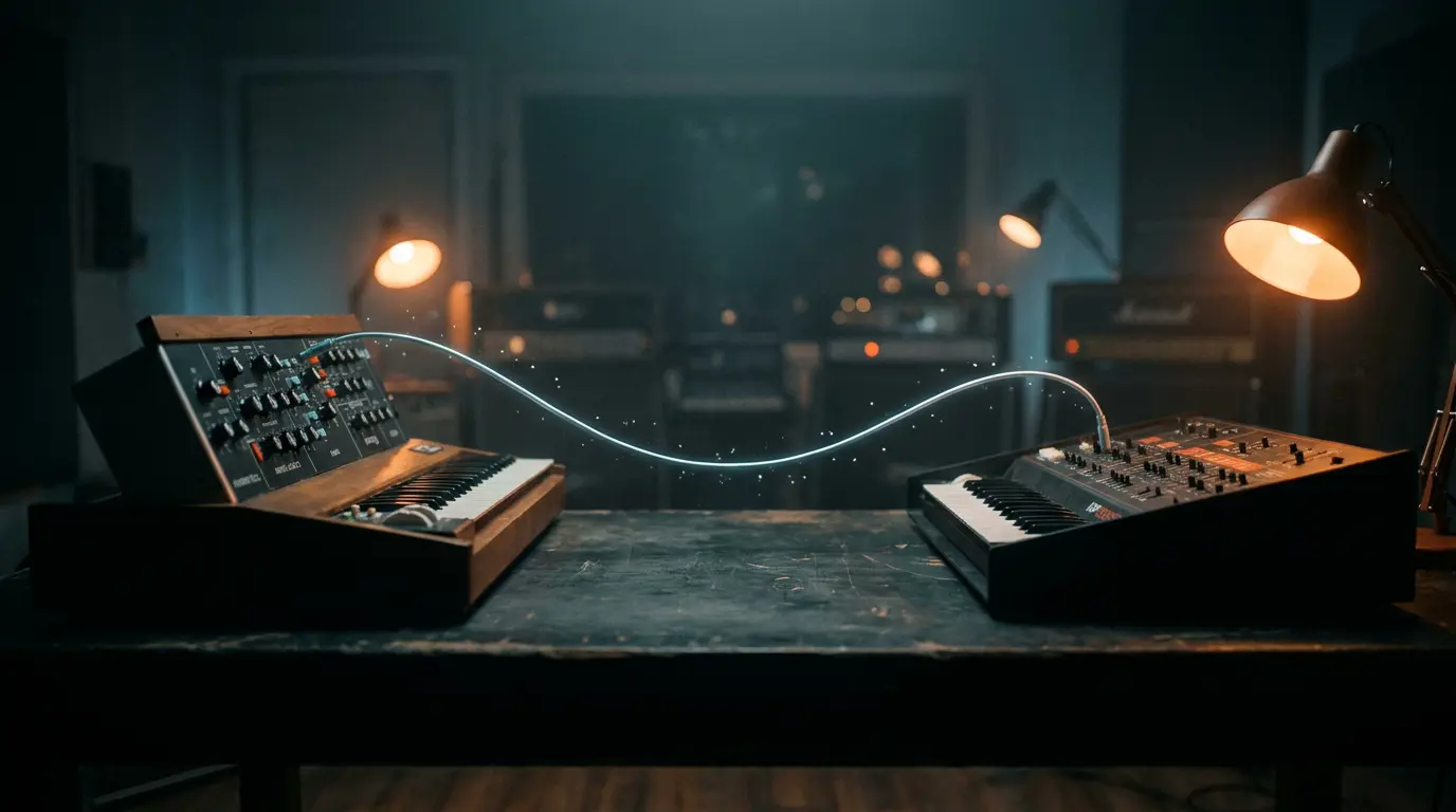 Two vintage synthesizers in a dark studio linked by a glowing cable with drifting light particles