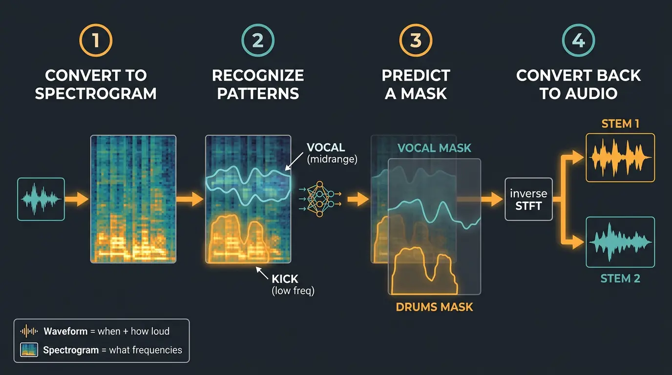 Infographic of a 4-step AI stem separation pipeline: spectrogram, pattern recognition, masks, inverse STFT to audio.