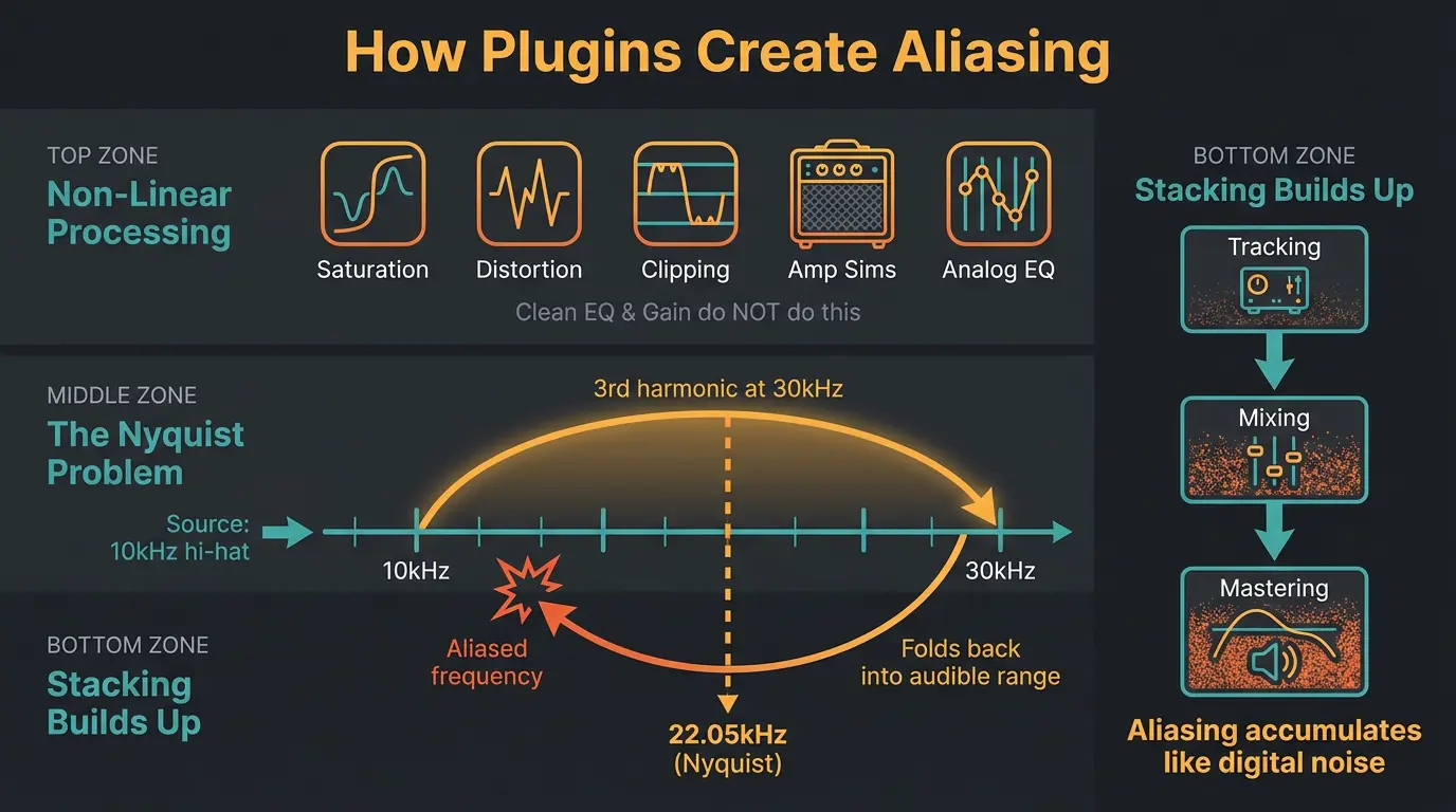 Infographic showing how non-linear plugins fold harmonics past Nyquist back into audible range and stack across the chain.