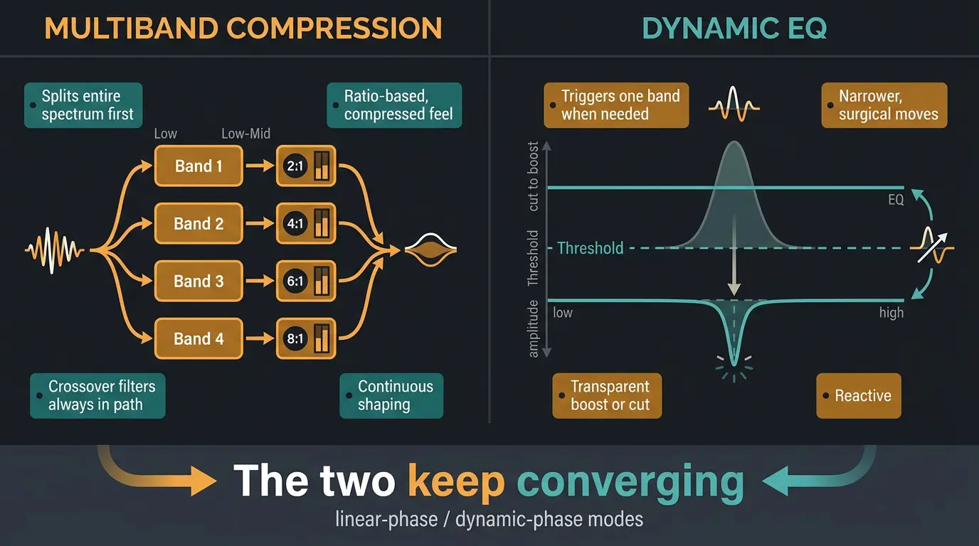 Side-by-side infographic comparing multiband compression's band-splitting signal path to dynamic EQ's single reactive paramet