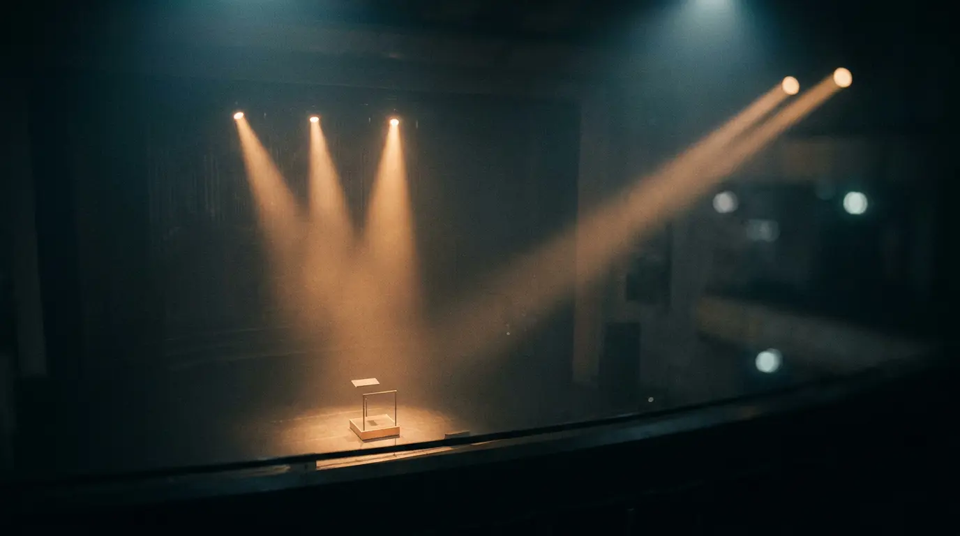 Four shafts of warm light cutting through a dark empty concert hall onto a vacant conductor's podium.