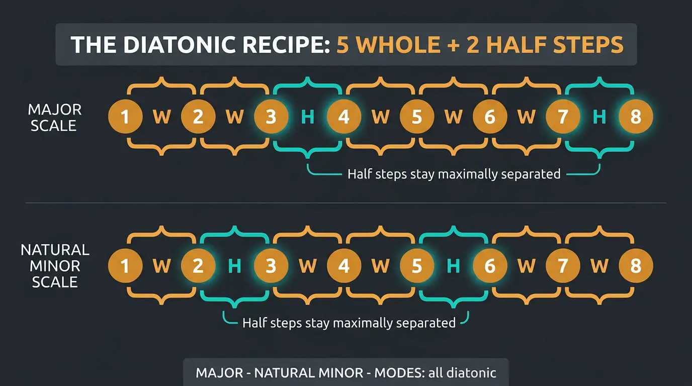 Infographic comparing major and natural minor scale step patterns with highlighted half steps