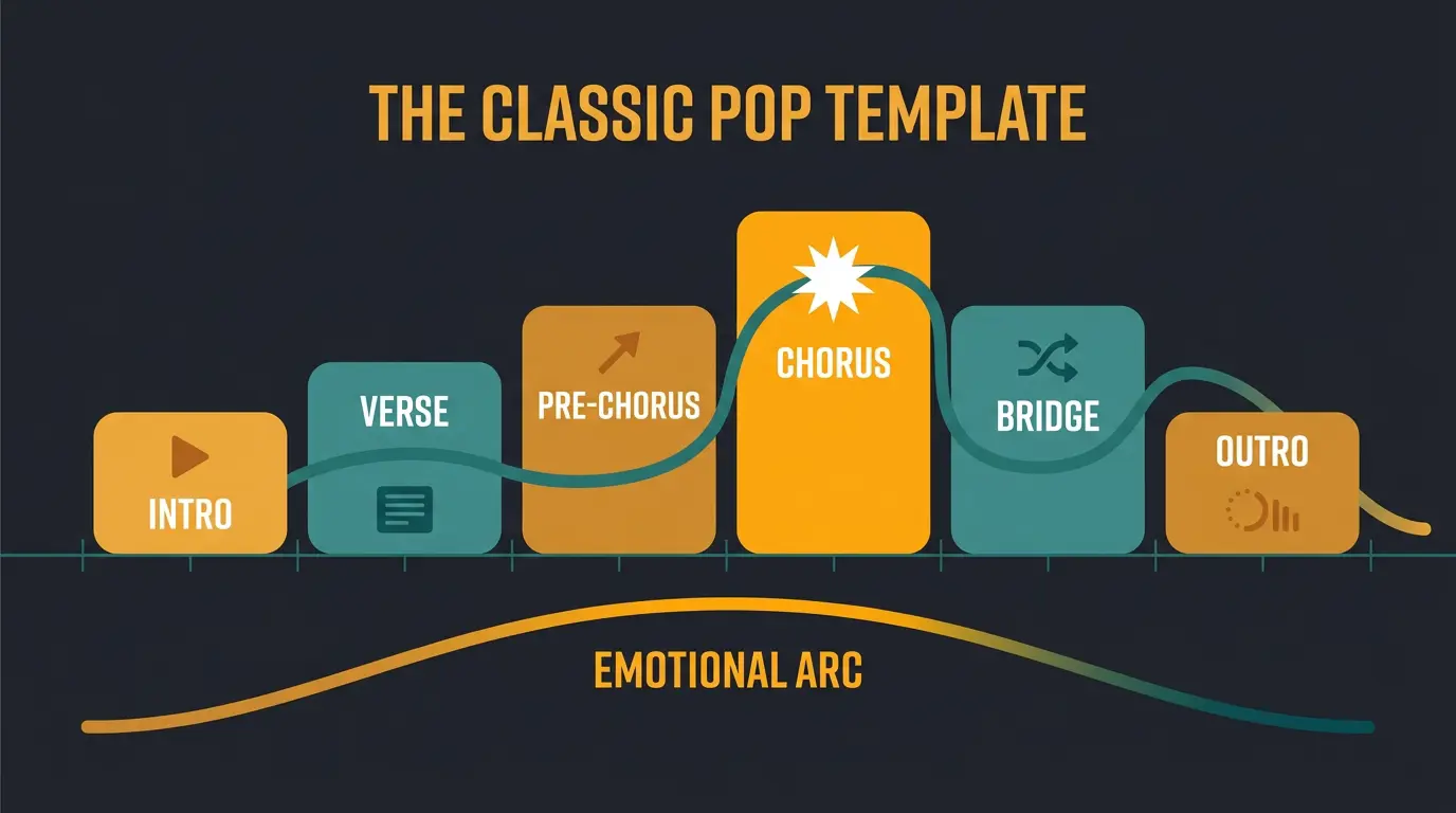 Timeline infographic of pop song sections intro to outro with an emotional arc peaking at the chorus.
