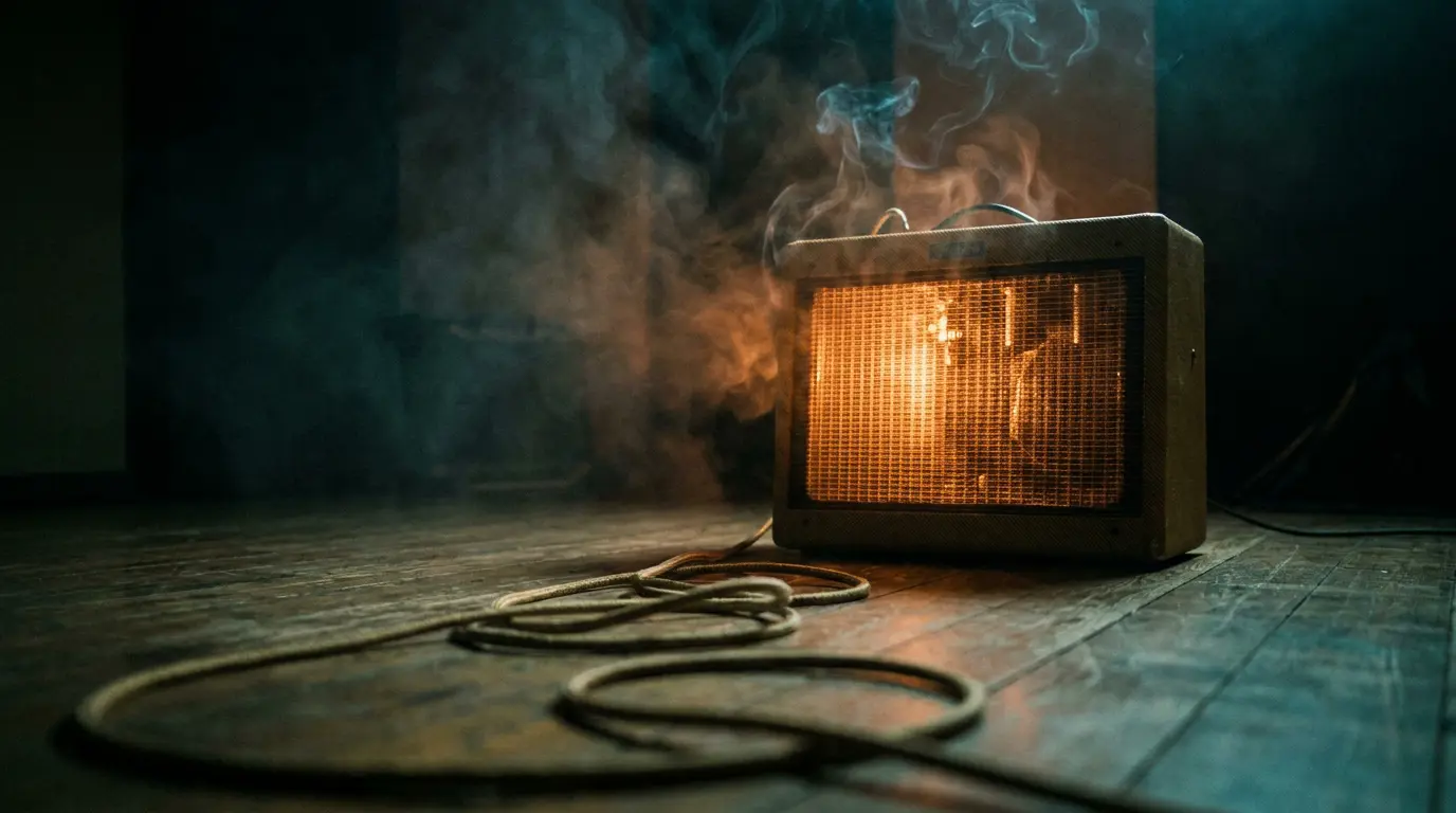 A glowing tube amp in a dark smoky room, warm light bleeding into blue shadows with a cable on the floor.