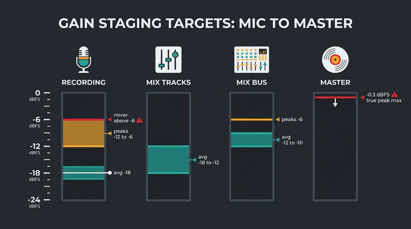 Infographic comparing dBFS targets across recording, mix tracks, mix bus, and master with peak and average markers.