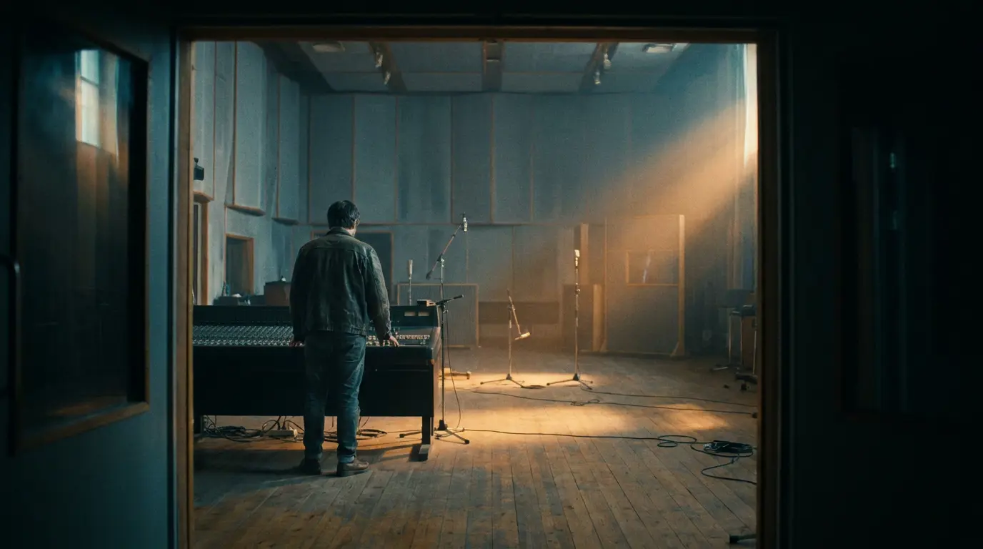 An engineer stands small in a doorway looking into a large, empty studio room lit by warm lamps and cool shadow.