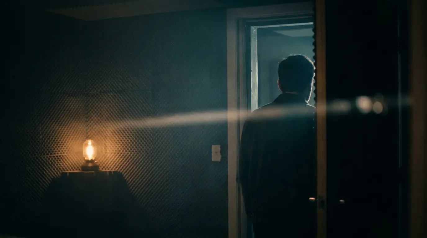 A backlit figure in a dim studio doorway, warm lamp glow and a streak of light fading into blue shadow.