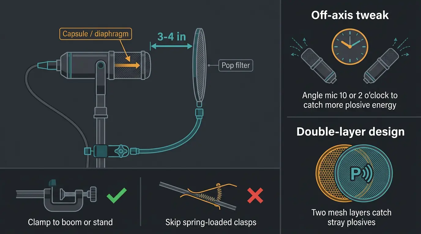 Infographic showing a pop filter placed 3-4 inches in front of a mic, with off-axis angle tip, double-layer mesh, and clamp a