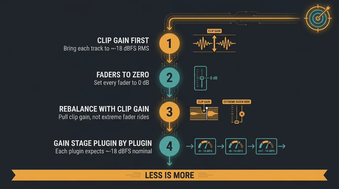 Four-step dark infographic: clip gain to -18 dBFS, faders to zero, rebalance with clip gain, gain stage per plugin.
