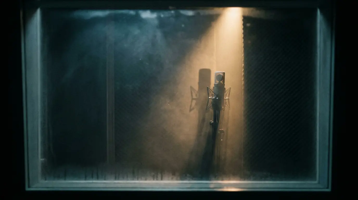 A lone suspended microphone glows in warm light inside a hazy, dark vocal booth, its shadow doubled on the wall.