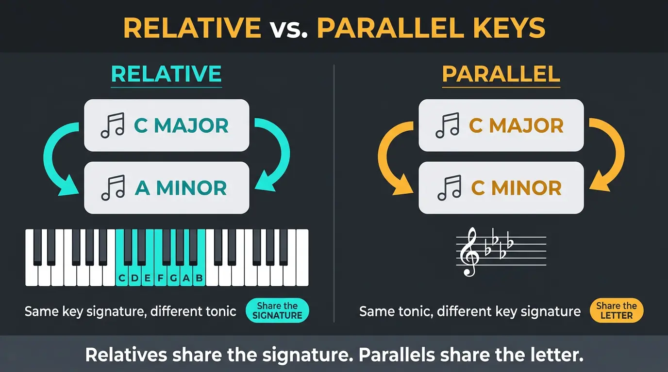 Infographic comparing relative keys (C major and A minor) with parallel keys (C major and C minor).