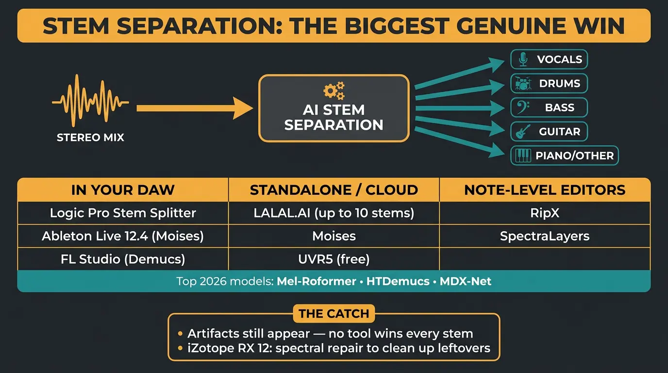 Infographic showing a stereo mix split by AI into vocals, drums, bass, guitar and piano, plus a tool comparison table.