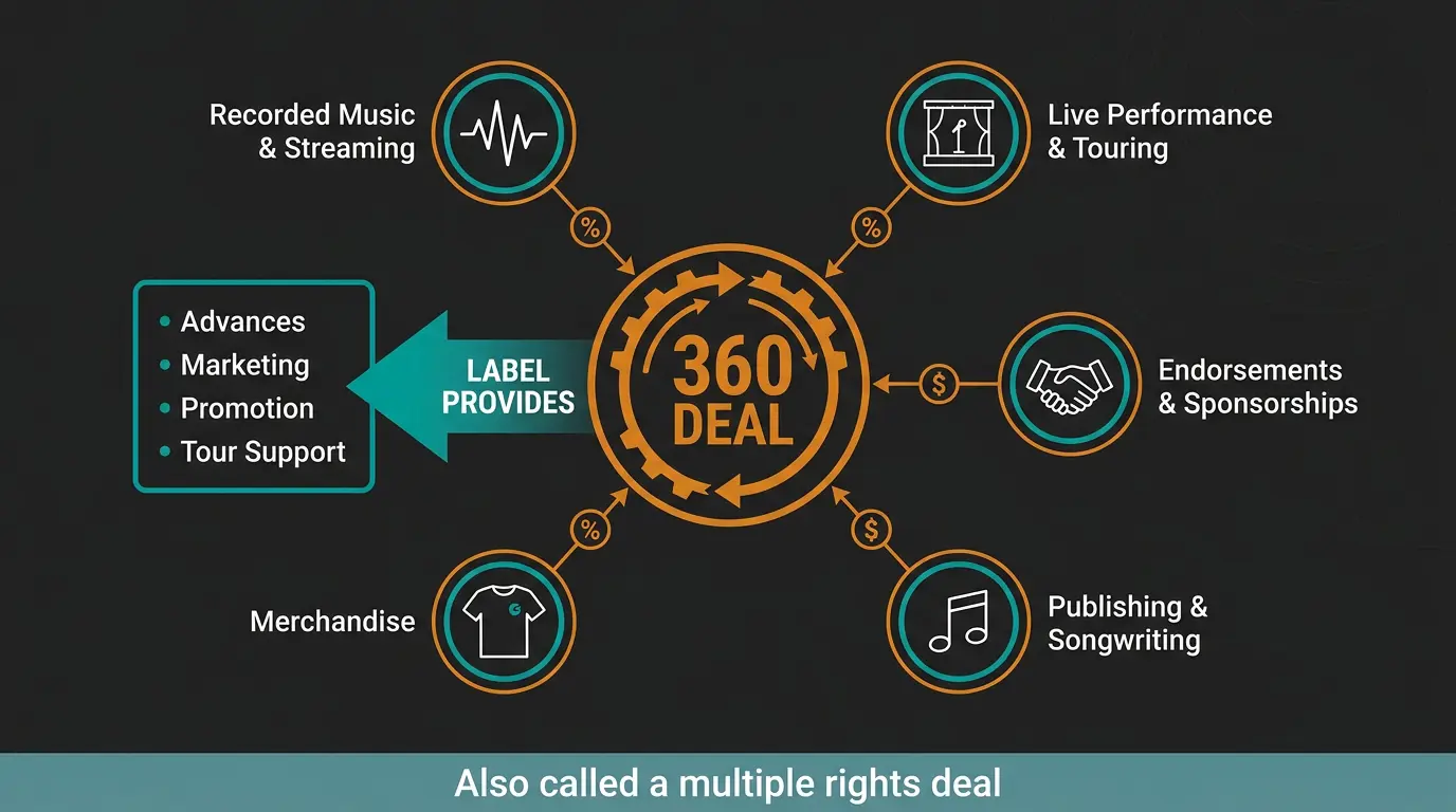 Infographic showing a 360 deal hub with label investments and five artist revenue streams the label shares in.