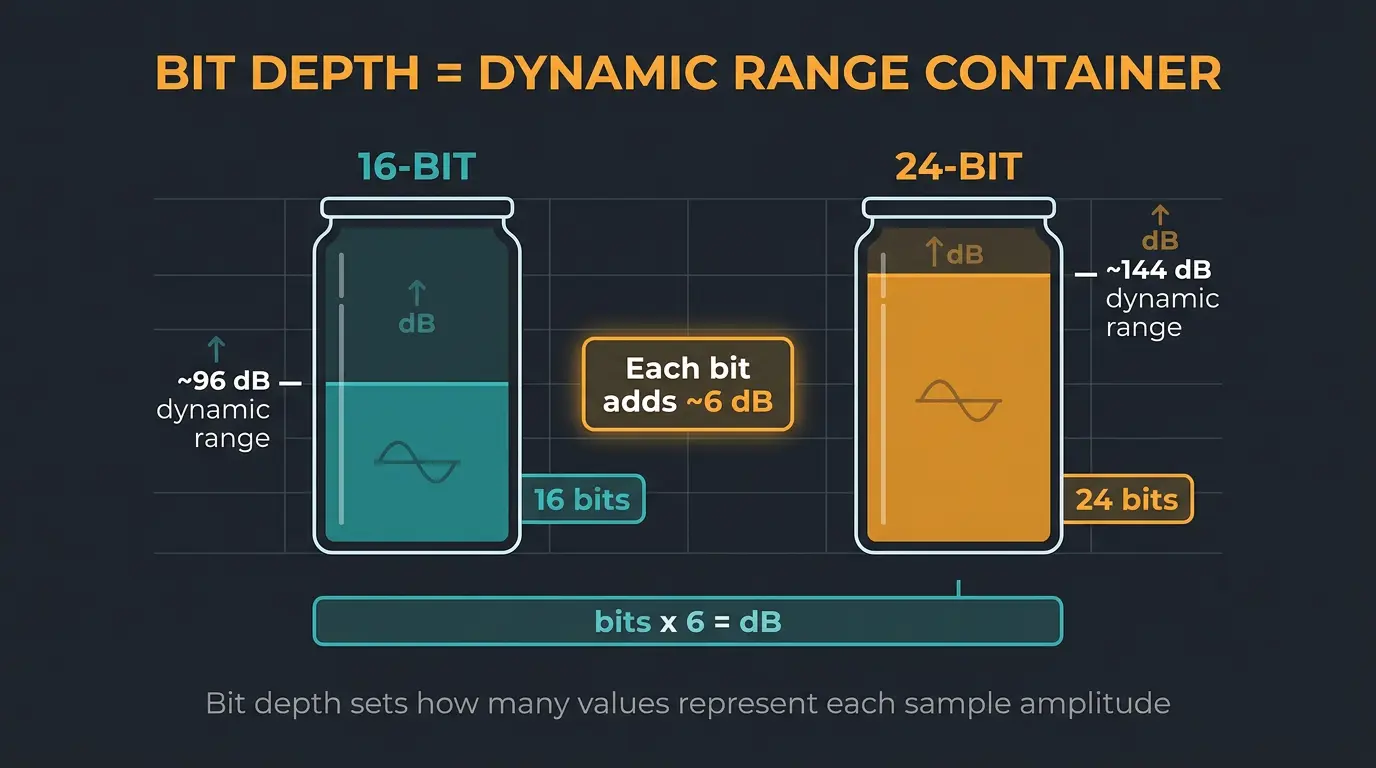 Infographic comparing 16-bit (~96 dB) and 24-bit (~144 dB) dynamic range containers, noting each bit adds ~6 dB.