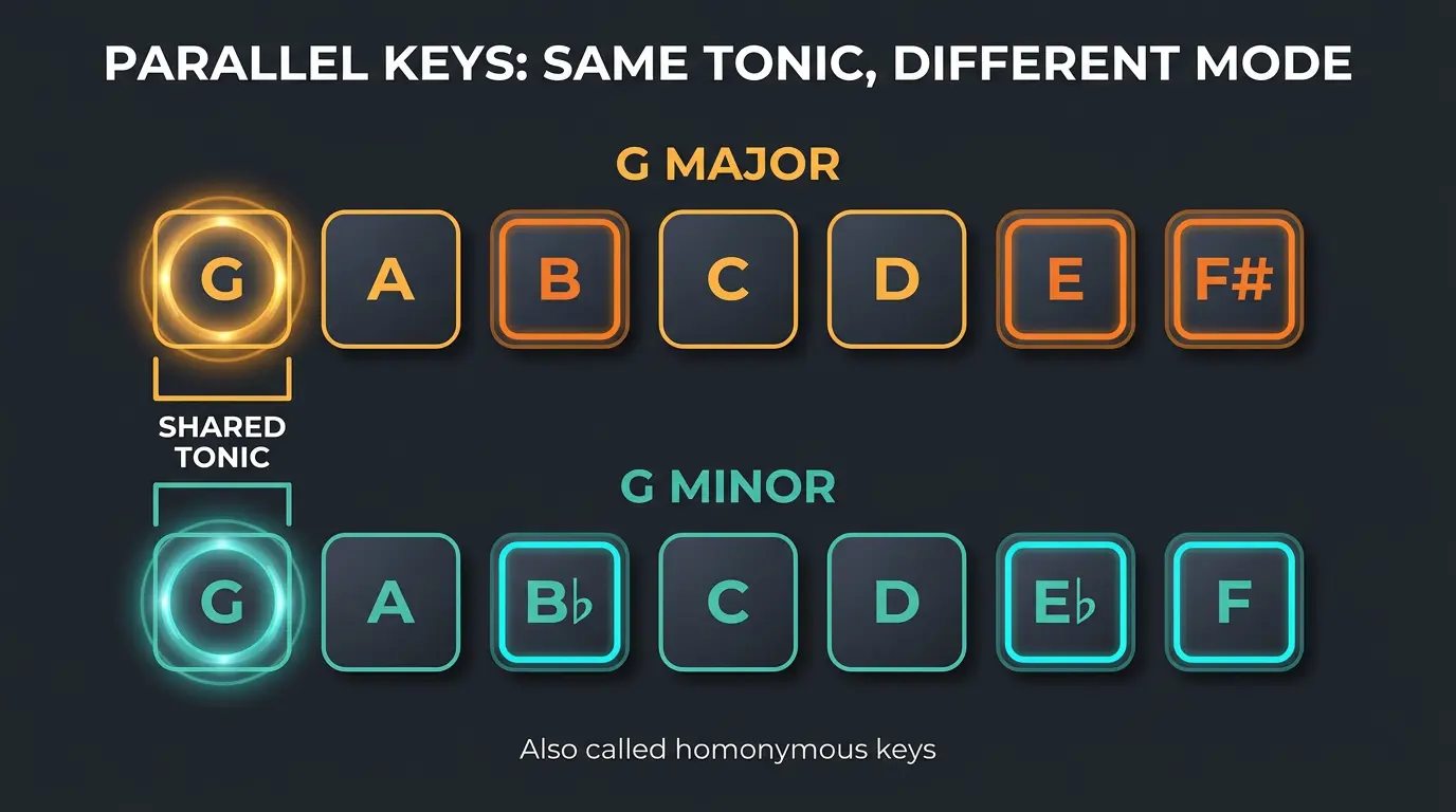 Infographic comparing G major and G minor scales, sharing tonic G, highlighting differing notes between the two modes.