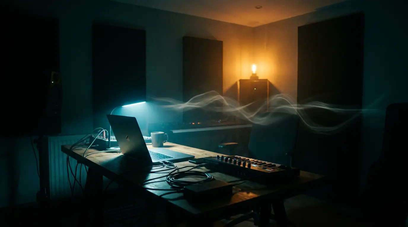 Dark home studio with a glowing laptop and warm lamp, light trails drifting through dusty air