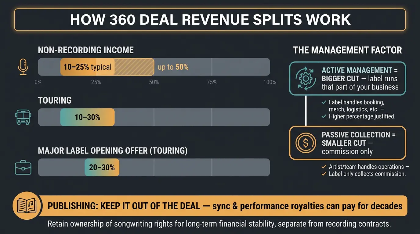 Infographic showing label revenue cuts: non-recording 10-25%, touring 10-30%, plus active vs passive logic.