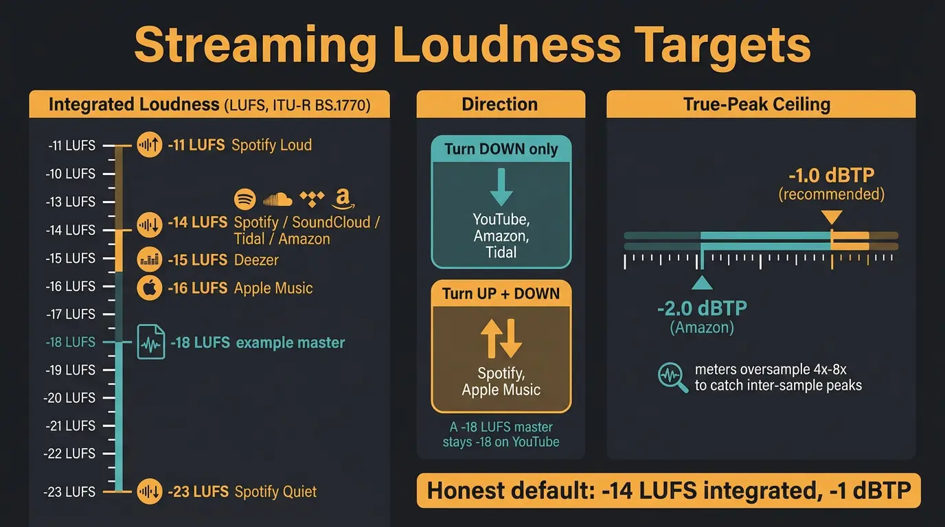 Infographic of streaming LUFS targets, up/down normalization behavior, and -1 dBTP true-peak ceiling.