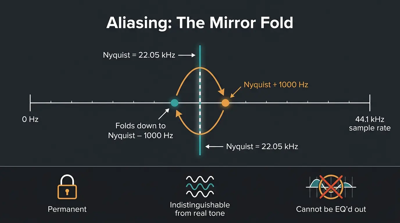 Diagram showing a frequency above Nyquist folding back to a mirrored lower frequency, with permanence and un-fixable notes.