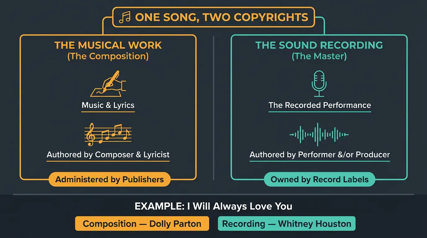 Infographic splitting a song into two copyrights: amber composition panel and teal sound recording panel with example.